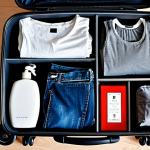 **Image:** A stylish, compact suitcase open, showcasing neatly organized clothing items using packing cubes and the rolling technique, fitting perfectly inside. Clothes should include a versatile dark jeans, plain t-shirt, and a small toiletry bag with mini travel-sized essentials.