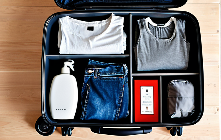 **Image:** A stylish, compact suitcase open, showcasing neatly organized clothing items using packing cubes and the rolling technique, fitting perfectly inside. Clothes should include a versatile dark jeans, plain t-shirt, and a small toiletry bag with mini travel-sized essentials.